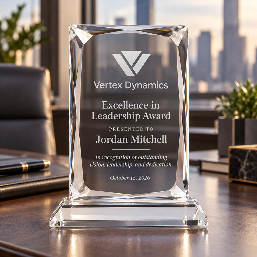 Personalized crystal leadership award with Vertex Dynamics logo, Jordan Mitchell name, recognition message, and October 15, 2026 date displayed on an executive office desk -- lxi-context:corporate