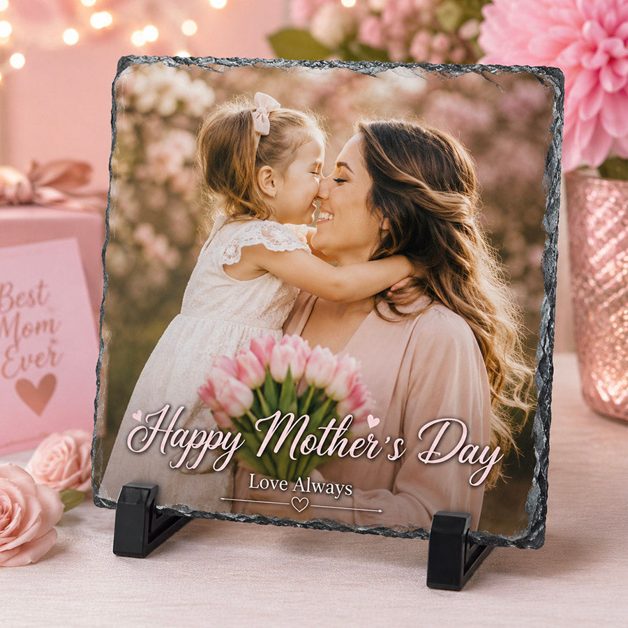 Personalized square photo slate with mother and daughter design, Happy Mother’s Day message, and pink floral display background -- lxi-context:mothers-day