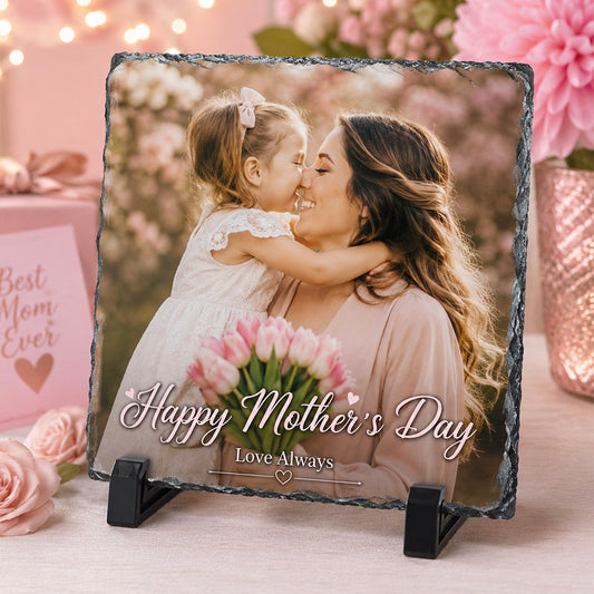 Personalized square photo slate with mother and daughter design, Happy Mother’s Day message, and pink floral display background -- lxi-context:mothers-day