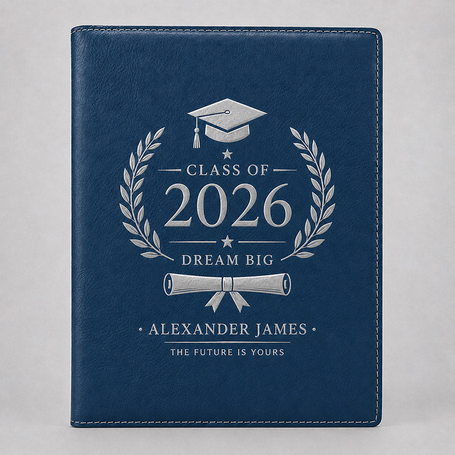 Personalized blue leatherette portfolio with silver graduation design featuring Class of 2026, laurel wreath, diploma, and student name -- lxi-context:graduation