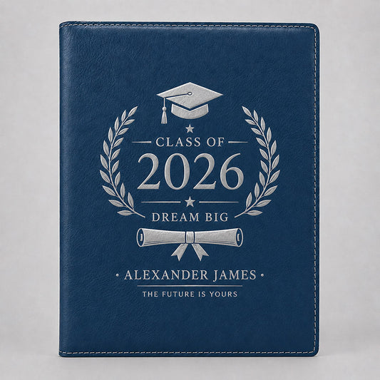 Personalized blue leatherette portfolio with silver graduation design featuring Class of 2026, laurel wreath, diploma, and student name -- lxi-context:graduation