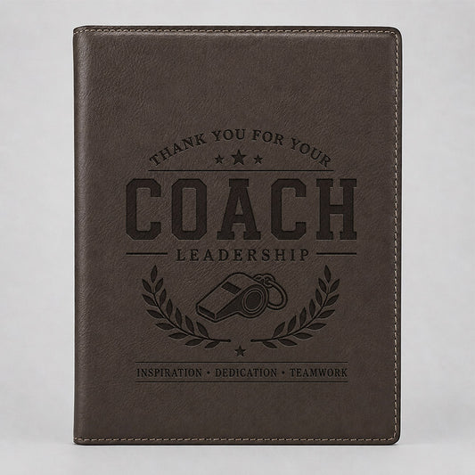 Personalized brown leatherette portfolio with engraved Coach Leadership design, whistle graphic, laurel accents, and teamwork message -- lxi-context:for-coach