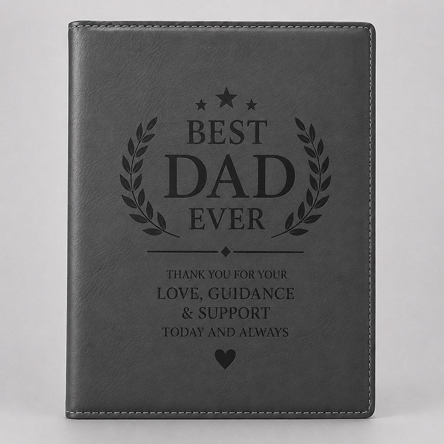 Gray leatherette portfolio engraved with a heartfelt Best Dad Ever design and appreciation message -- lxi-context:fathers-day