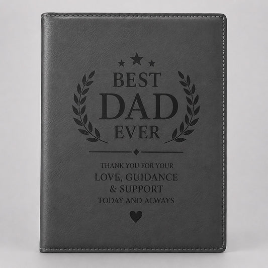Gray leatherette portfolio engraved with a heartfelt Best Dad Ever design and appreciation message -- lxi-context:fathers-day