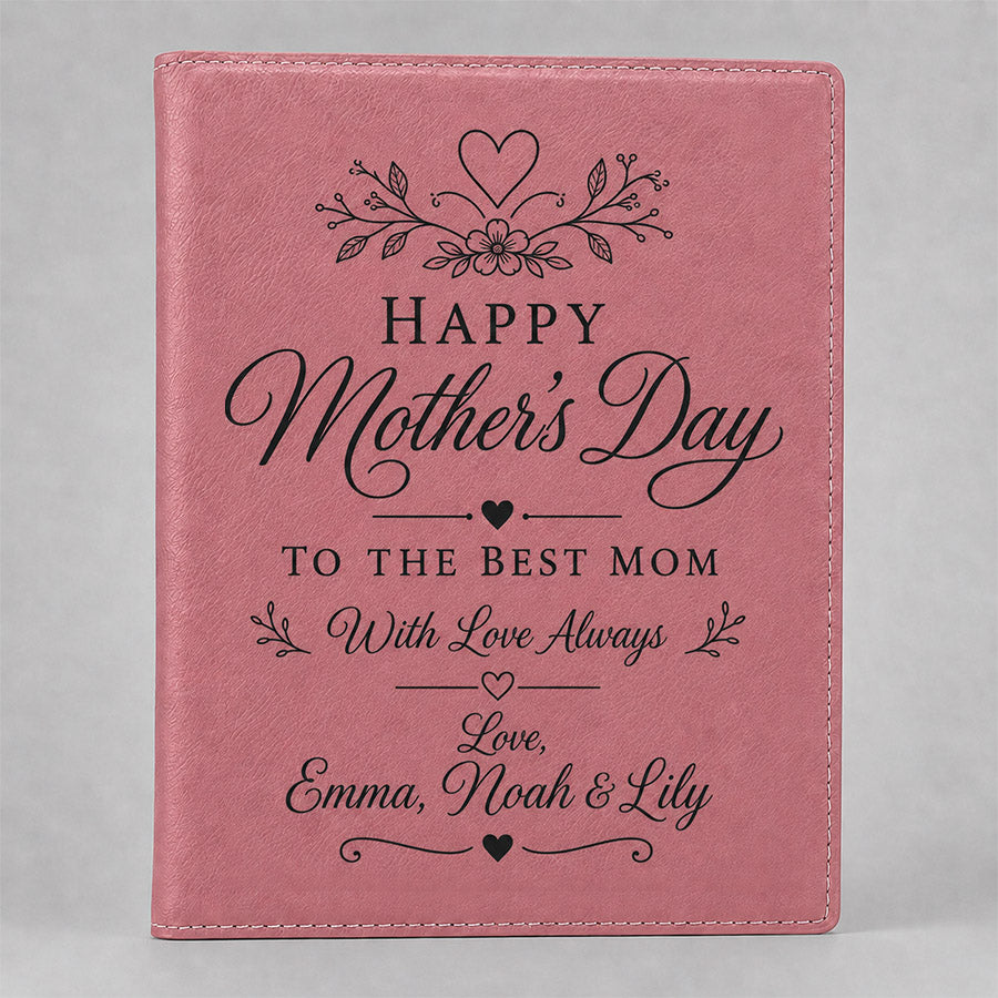 Pink leatherette portfolio engraved with a personalized Happy Mother’s Day design and loving message from the kids -- lxi-context:mothers-day