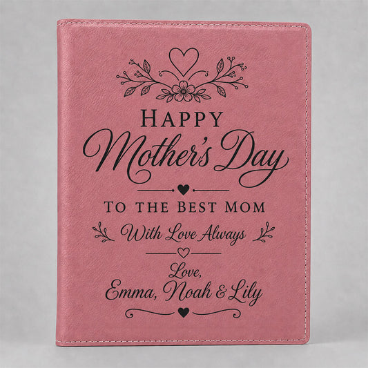 Pink leatherette portfolio engraved with a personalized Happy Mother’s Day design and loving message from the kids -- lxi-context:mothers-day