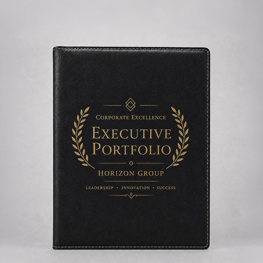 Personalized black leatherette portfolio with gold Corporate Excellence Executive Portfolio design, laurel accents, and Horizon Group name -- lxi-context:corporate