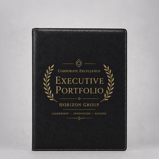 Personalized black leatherette portfolio with gold Corporate Excellence Executive Portfolio design, laurel accents, and Horizon Group name -- lxi-context:corporate