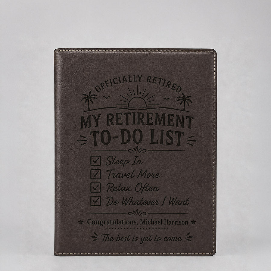 Personalized brown leatherette portfolio with black retirement to-do list design and congratulatory message -- lxi-context:retirement