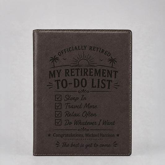 Personalized brown leatherette portfolio with black retirement to-do list design and congratulatory message -- lxi-context:retirement