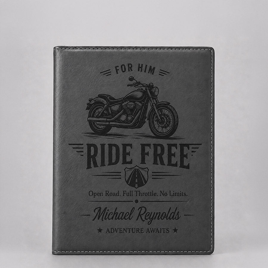 Personalized gray leatherette portfolio with black motorcycle Ride Free design, custom name, and adventure message -- lxi-context:for-him