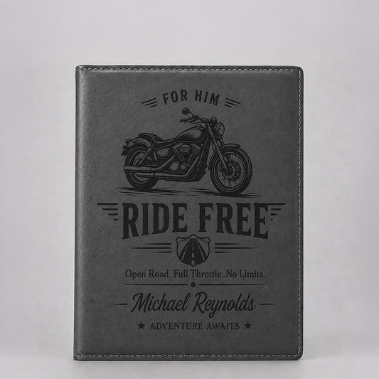 Personalized gray leatherette portfolio with black motorcycle Ride Free design, custom name, and adventure message -- lxi-context:for-him