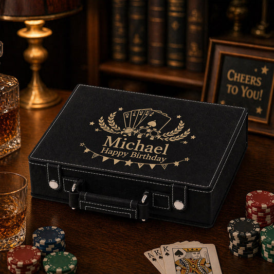 Personalized poker set case with engraved Michael Happy Birthday design, playing cards, poker chips, and casino-themed display -- lxi-context:birthday
