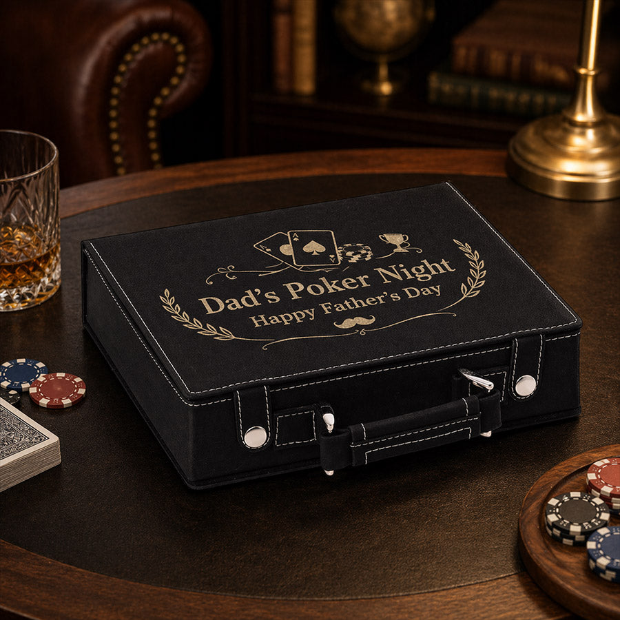 Personalized poker set case with engraved Dad’s Poker Night Happy Father’s Day design, shown closed with cards and poker chips