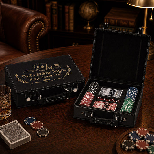 Personalized poker set with engraved Dad’s Poker Night Happy Father’s Day design, shown open with cards and poker chips -- lxi-context:fathers-day