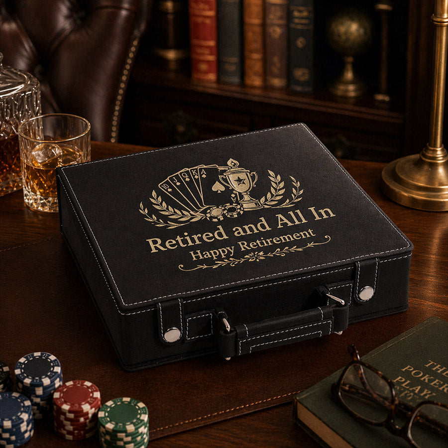 Personalized poker set case with engraved Retired and All In Happy Retirement design, playing cards, poker chips, and lounge display -- lxi-context:retirement