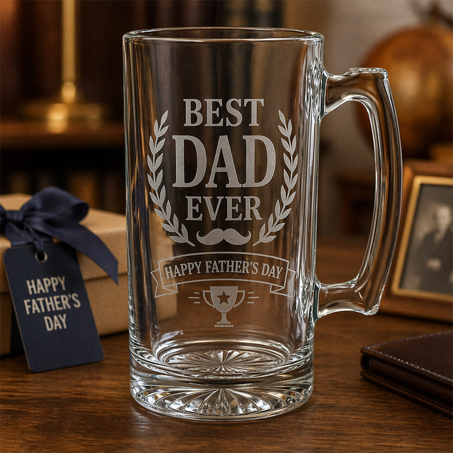 Engraved clear glass beer mug with Best Dad Ever and Happy Father’s Day design in a warm gift display -- lxi-context:fathers-day