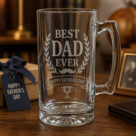 Engraved clear glass beer mug with Best Dad Ever and Happy Father’s Day design in a warm gift display -- lxi-context:fathers-day