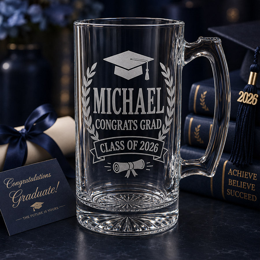 Personalized clear glass beer mug with engraved graduation cap, Michael name, Congrats Grad, and Class of 2026 design -- lxi-context:graduation