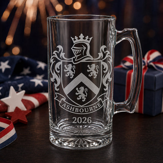 Personalized clear glass beer mug with engraved Ashbourne family crest, 2026 year, and patriotic Fourth of July display -- lxi-context:4th-of-july