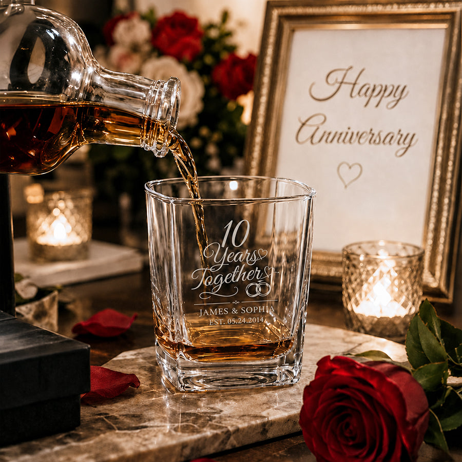 Personalized anniversary rocks glass engraved with 10 Years Together, couple names, and established date, shown with whiskey being poured -- lxi-context:anniversary