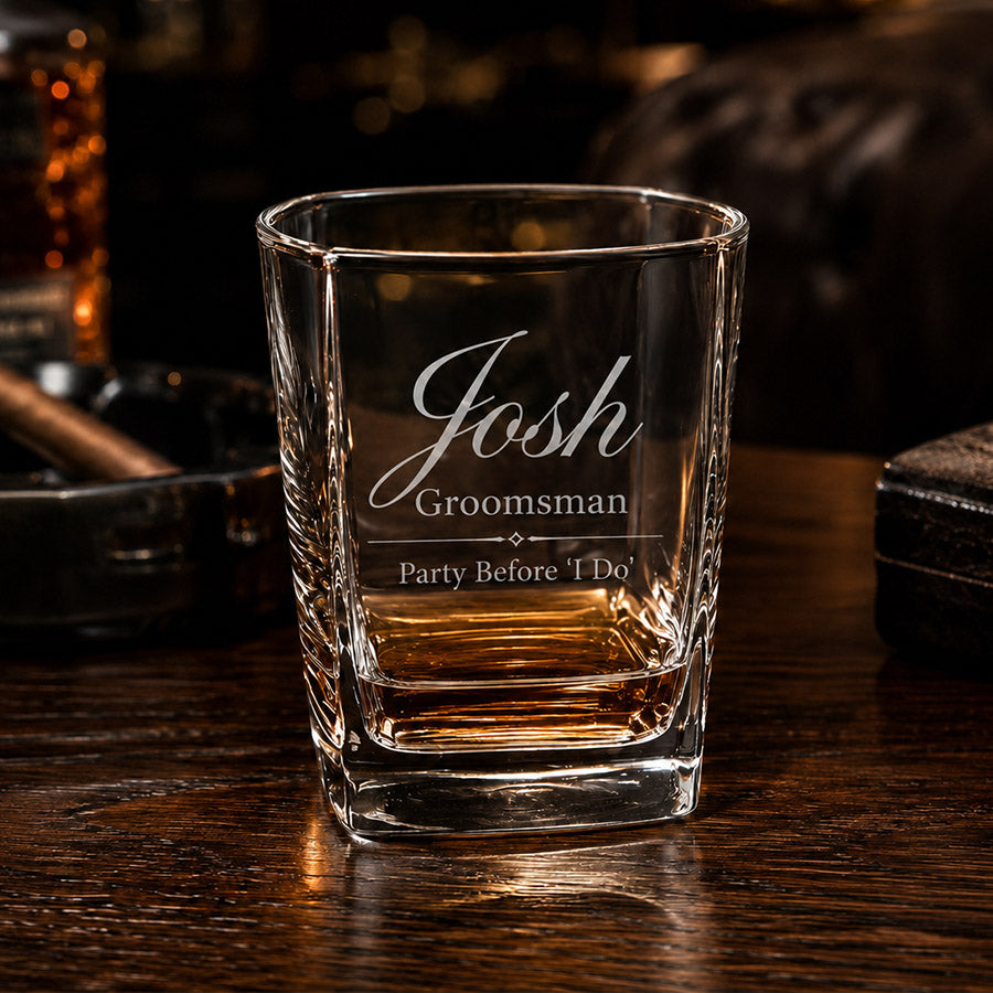 Personalized rocks glass with engraved Josh groomsman name and Party Before I Do message -- lxi-context:gratitude