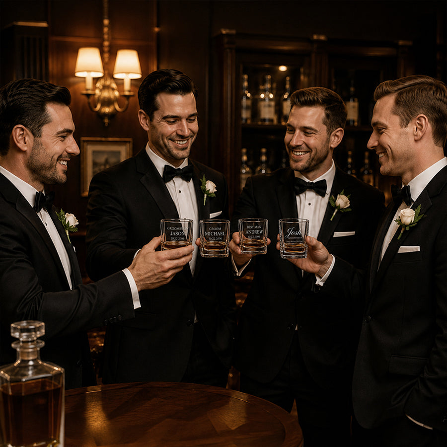 Groomsmen in black tuxedos toasting with personalized engraved rocks glasses in a warm bar setting
