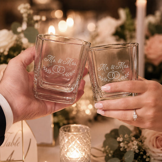 Engraved wedding rocks glasses with Mr. and Mrs. design, held for a toast in a romantic candlelit wedding setting -- lxi-context:wedding