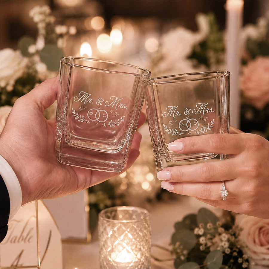 Engraved wedding rocks glasses with Mr. and Mrs. design, held for a toast in a romantic candlelit wedding setting -- lxi-context:wedding