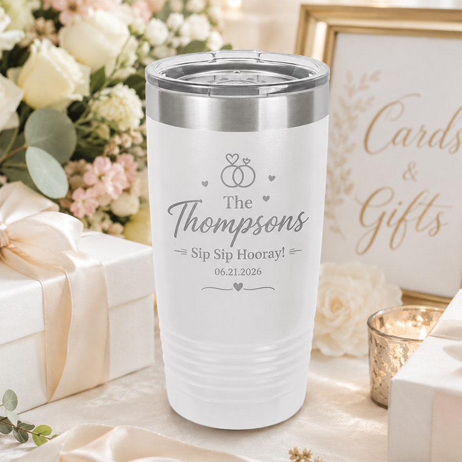 Personalized white insulated tumbler with engraved Thompson wedding design, Sip Sip Hooray message, and wedding date -- lxi-context:wedding