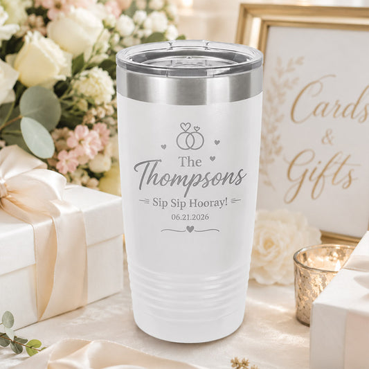 Personalized white insulated tumbler with engraved Thompson wedding design, Sip Sip Hooray message, and wedding date -- lxi-context:wedding