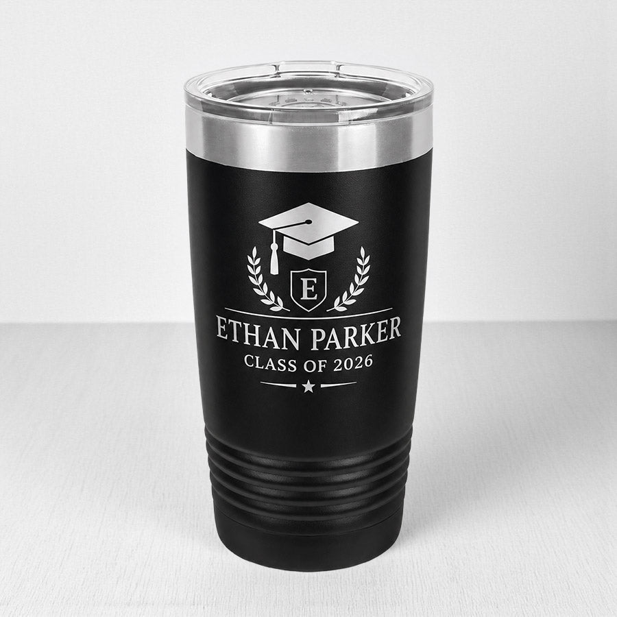 Personalized black insulated tumbler with engraved graduation cap, Ethan Parker name, and Class of 2026 design -- lxi-context:graduation