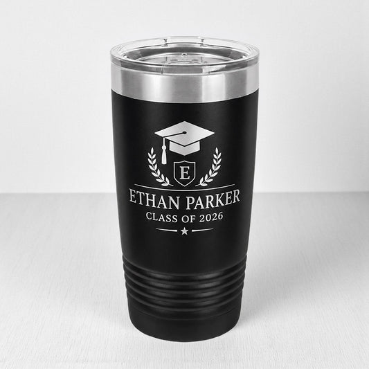 Personalized black insulated tumbler with engraved graduation cap, Ethan Parker name, and Class of 2026 design -- lxi-context:graduation