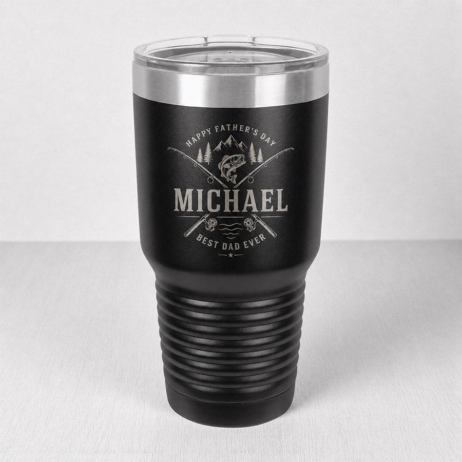 Personalized black insulated tumbler with engraved fishing-themed Happy Father’s Day design, Michael name, and Best Dad Ever message -- lxi-context:fathers-day