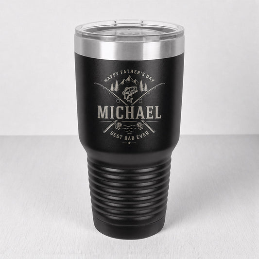 Personalized black insulated tumbler with engraved fishing-themed Happy Father’s Day design, Michael name, and Best Dad Ever message -- lxi-context:fathers-day