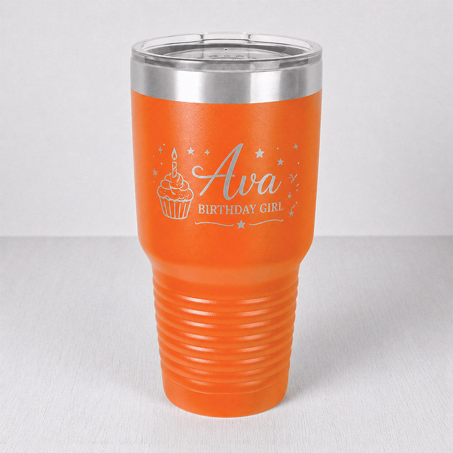Personalized orange insulated tumbler with engraved Ava Birthday Girl design, cupcake graphic, and star accents -- lxi-context:birthday