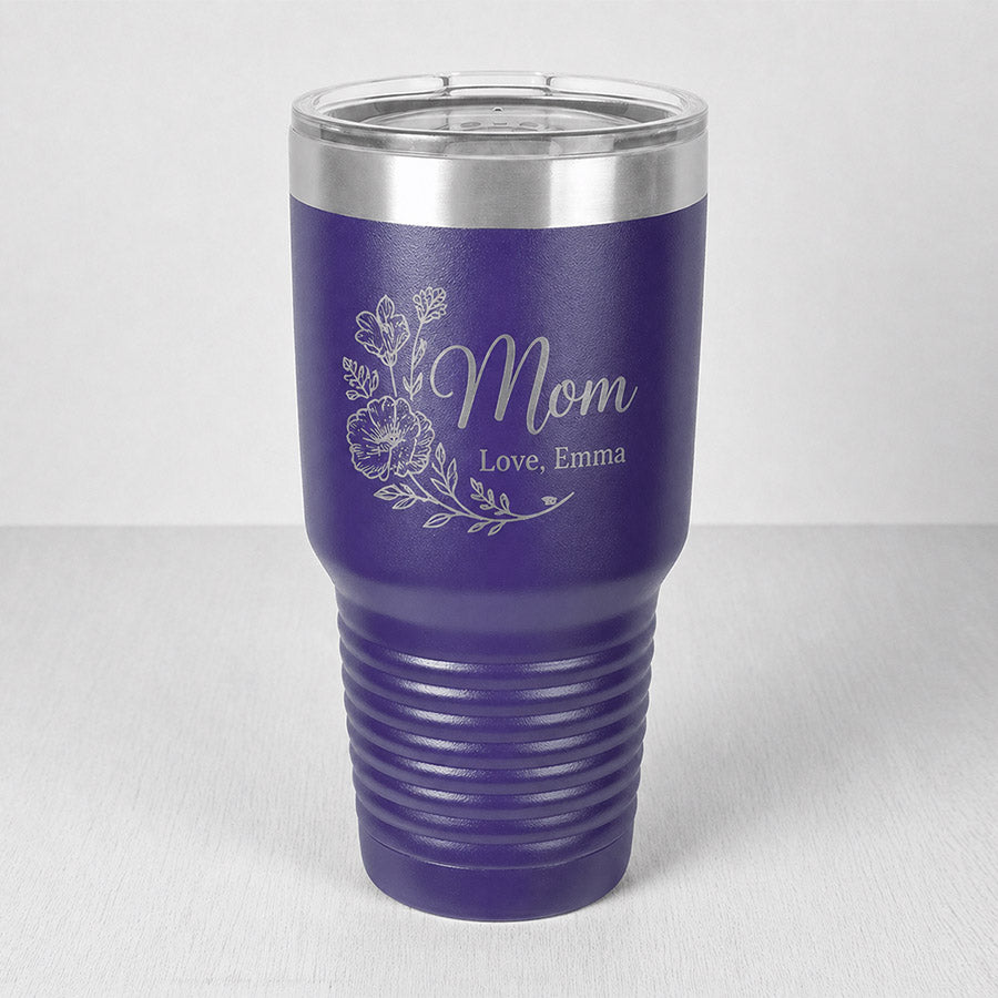 Personalized purple insulated tumbler with engraved Mom floral design and Love, Emma message -- lxi-context:mothers-day