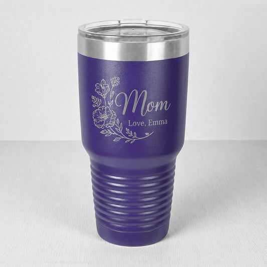 Personalized purple insulated tumbler with engraved Mom floral design and Love, Emma message -- lxi-context:mothers-day