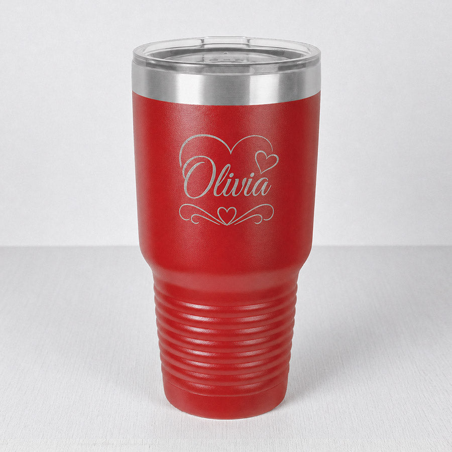 Personalized red insulated tumbler with engraved Olivia name, heart outline, and decorative heart accents -- lxi-context:valentines-day