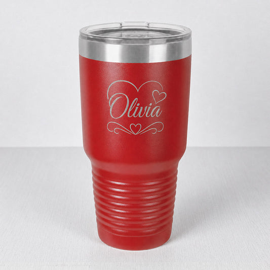 Personalized red insulated tumbler with engraved Olivia name, heart outline, and decorative heart accents -- lxi-context:valentines-day