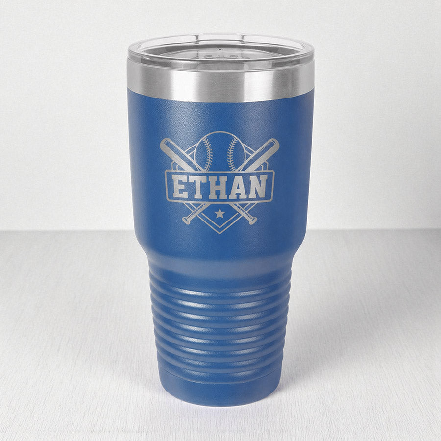 Personalized blue insulated tumbler with engraved Ethan name and baseball design with crossed bats and ball -- lxi-context:for-coach