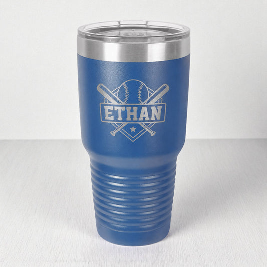 Personalized blue insulated tumbler with engraved Ethan name and baseball design with crossed bats and ball -- lxi-context:for-coach