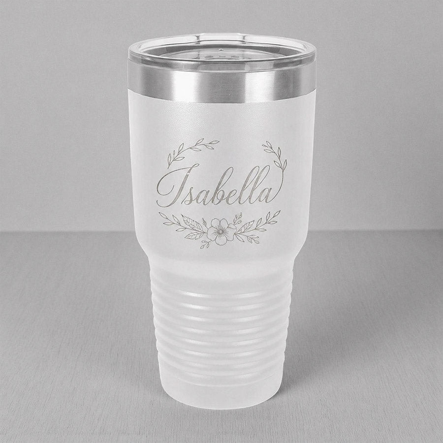 Personalized white insulated tumbler with engraved Isabella name and floral wreath design -- lxi-context:wedding