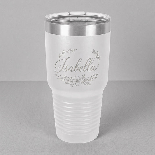 Personalized white insulated tumbler with engraved Isabella name and floral wreath design -- lxi-context:wedding