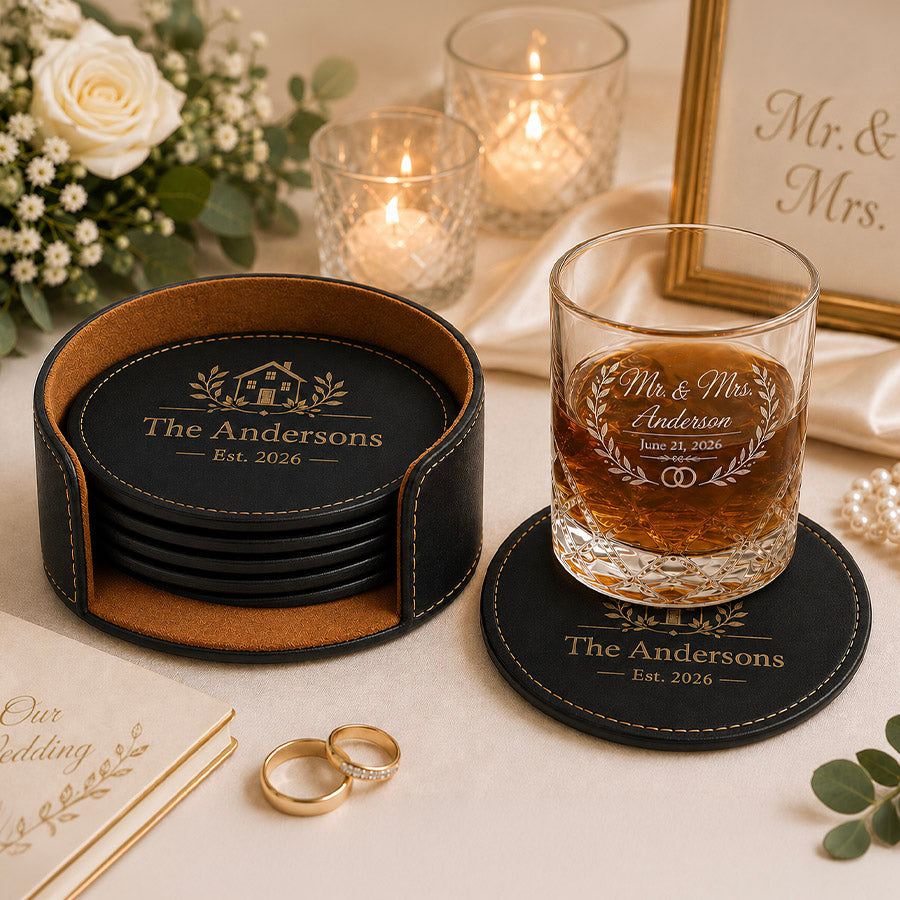 Personalized black and gold leatherette coaster set with engraved Andersons design, matching whiskey glass, and wedding display -- lxi-context:wedding