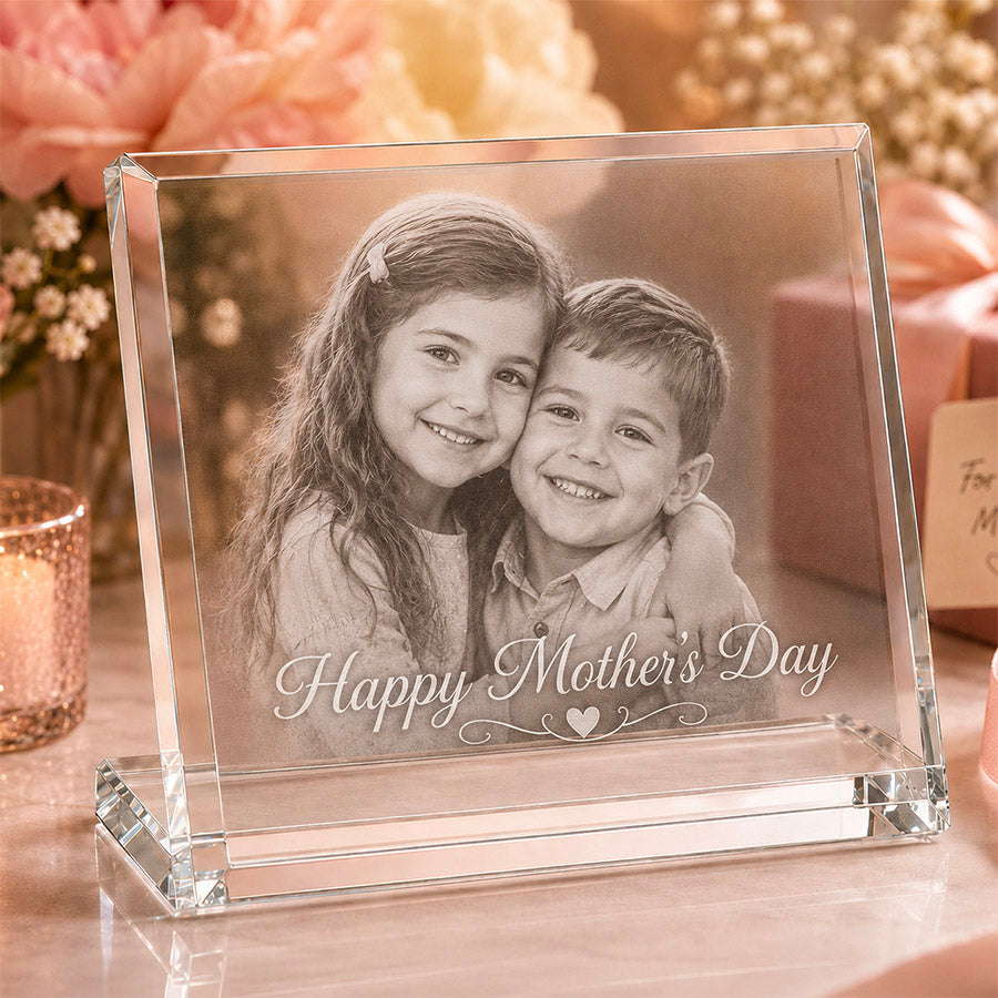 Personalized crystal photo keepsake with engraved children’s portrait and Happy Mother’s Day message in a soft floral display -- lxi-context:mothers-day