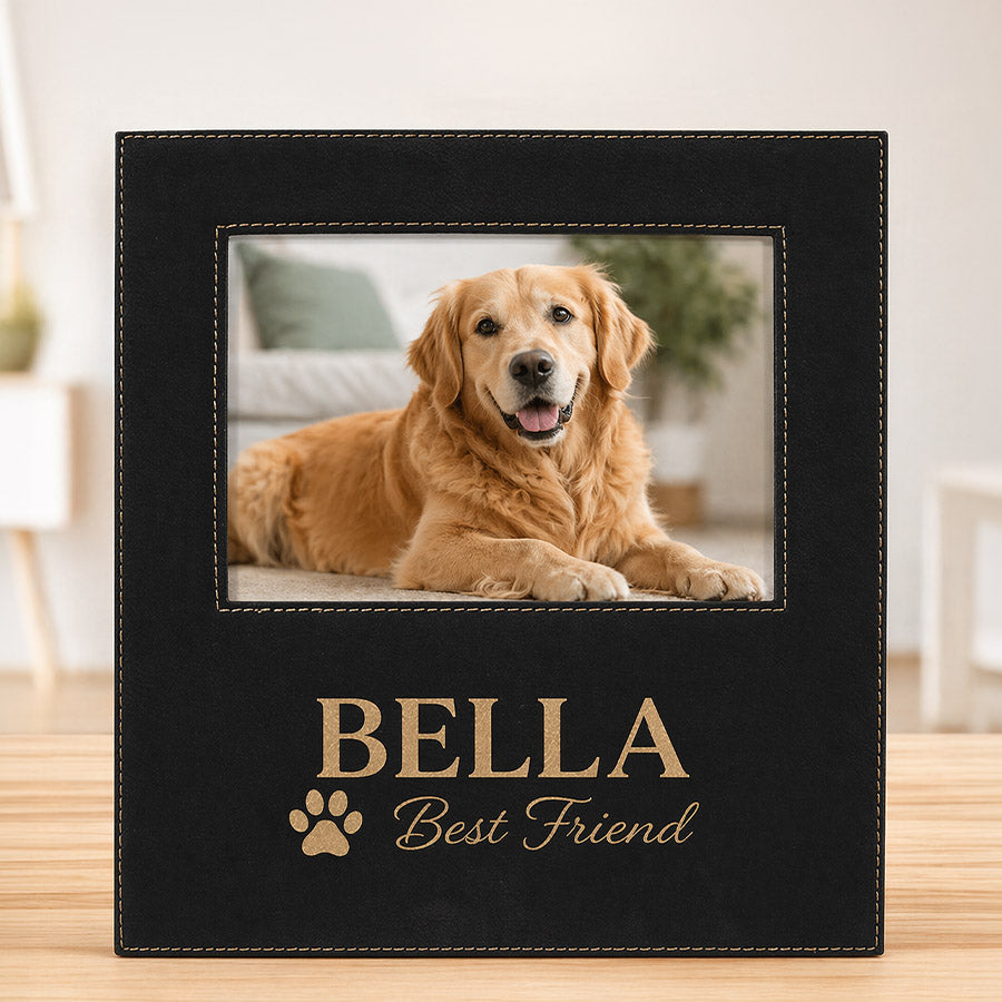 Personalized black leatherette picture frame with golden retriever photo, Bella name, paw print, and Best Friend message
