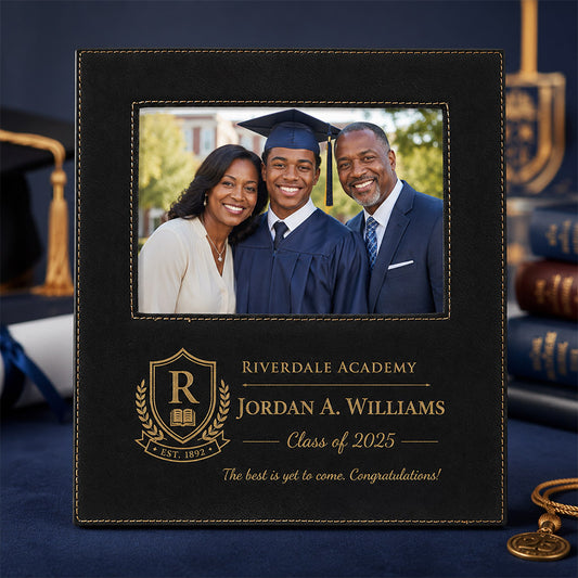 Personalized 5x7 black leatherette picture frame with graduation photo, school crest, student name, and Class of 2025 message -- lxi-context:graduation