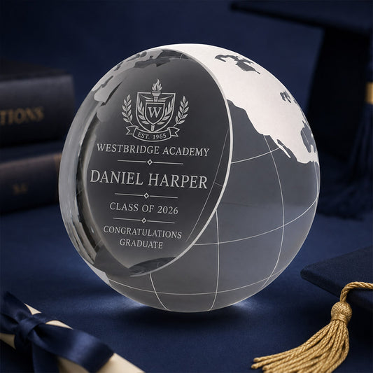 Personalized crystal globe award with engraved Westbridge Academy crest, Daniel Harper name, and Class of 2026 graduation message -- lxi-context:graduation