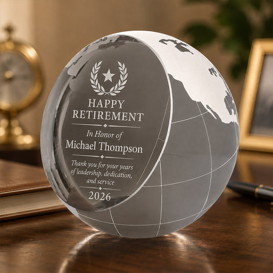 Personalized crystal globe award with engraved Happy Retirement title, Michael Thompson name, and service recognition message -- lxi-context:retirement